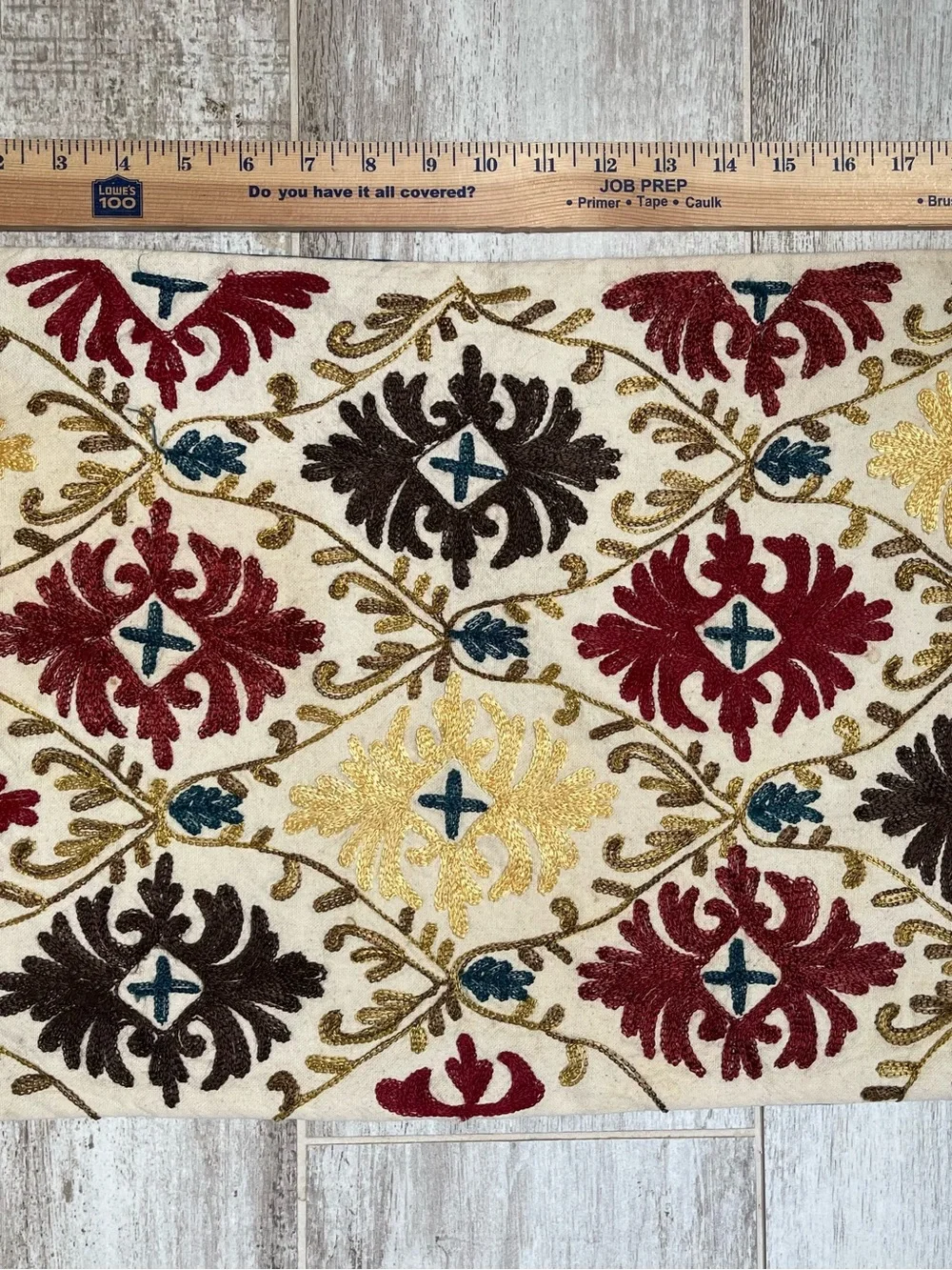 Vintage Pier 1 Ivory Accent Pillow Cover with Red, Gold, Brown, Teal Embroidery